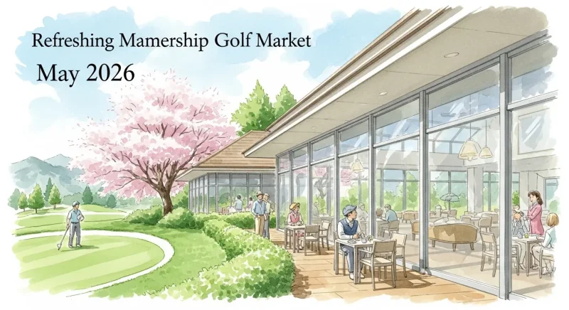 クラブハウスのテラスと美しいゴルフコースを描いた水彩画風のイラスト。「Refreshing Membership Golf Market May 2026」という文字が添えられ、活気ある初夏のゴルフ場と充実したクラブライフを表現している。